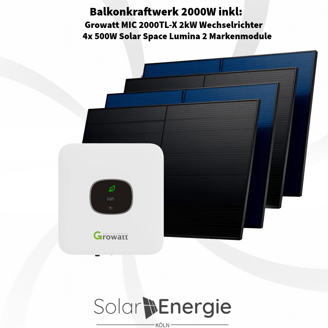 Abverkauf: Balkonkraftwerk 2000W inkl. Growatt MIC 2kW 8x 500W FB Markenmodule