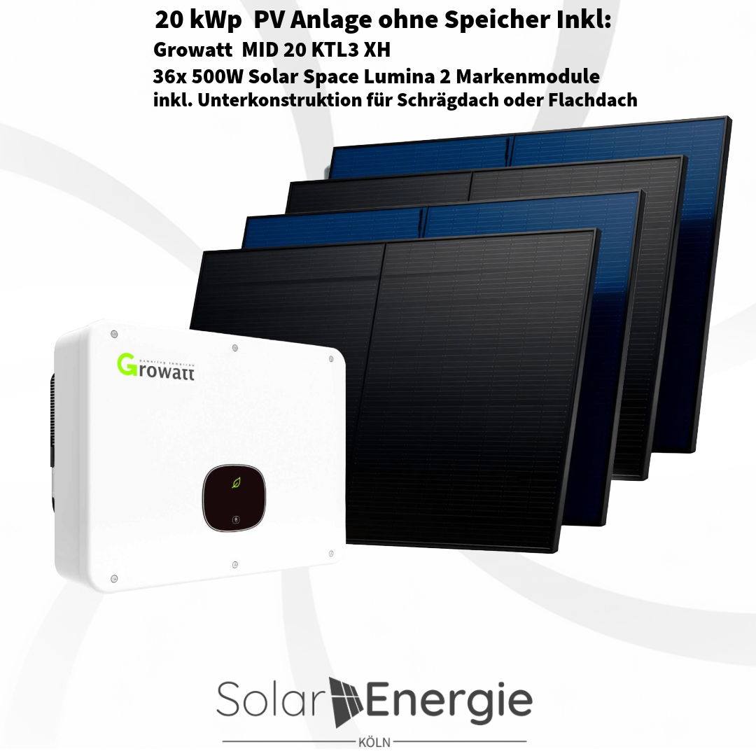 Abverkauf Einzelstück: PV Komplett Anlage 20kWp -36 x 500W FB Premium Module  + GROWATT MID 20  inkl. Unterkonstruktion