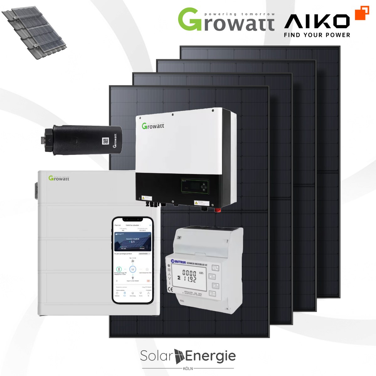 PV Anlage 17kWp -36 x AIKO 455W - GROWATT MID 17 + 15kW Speicher inkl. Unterkonstruktion